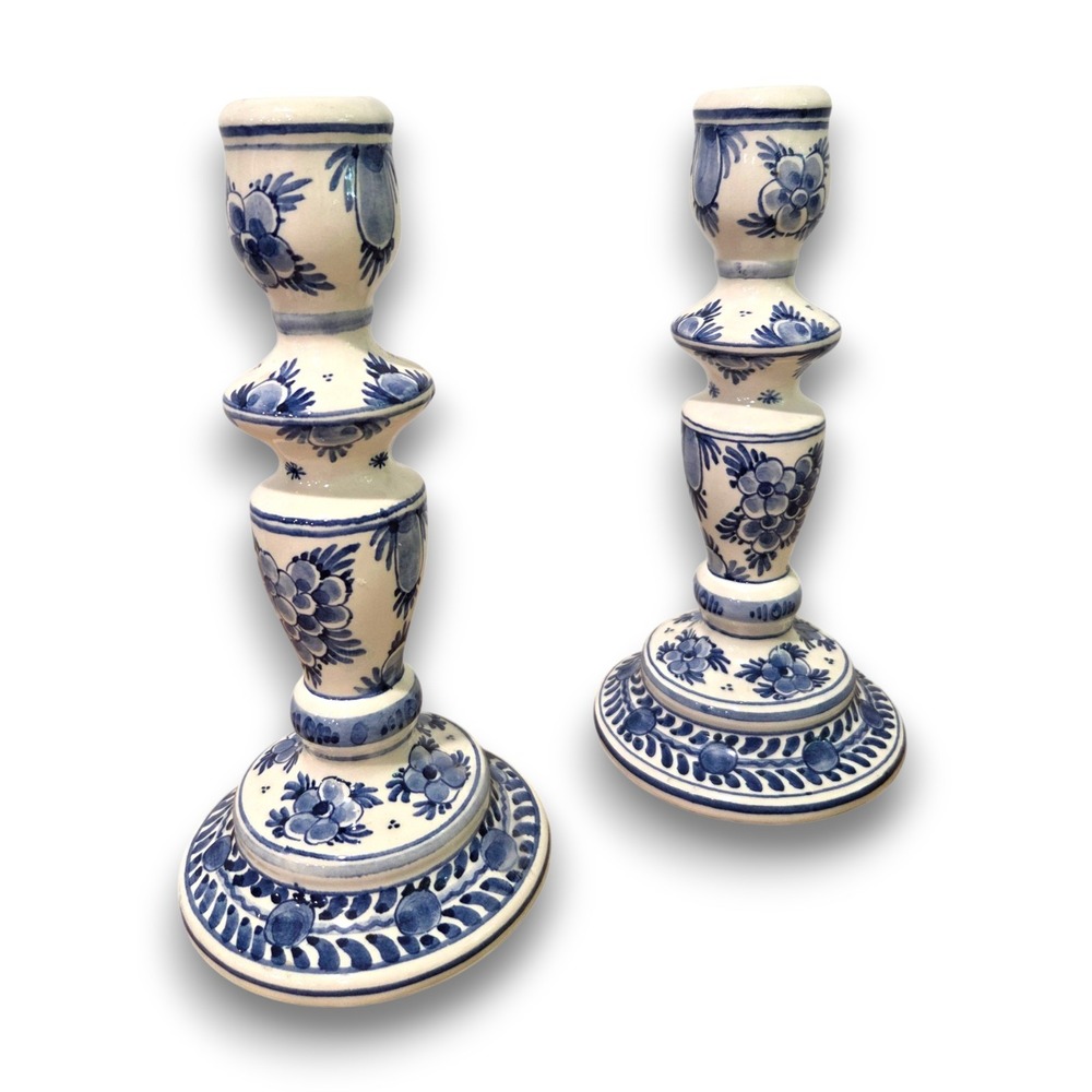 Vintage Delft Dutch Blue Hand Painted Mid Century Dutch Candlestick Holders 8"